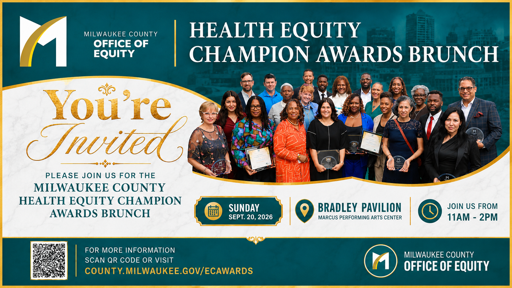Join us for the Third Annual Milwaukee County Health Equity Champion Awards Brunch and Ceremony on Sunday, Sept. 20, from 11 a.m. to 2 p.m. The event takes place at the Marcus Performing Arts Center’s Bradley Pavilion located at 929 N. Water St.