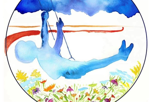 Gordon Park Friends logo - Watercolor of child on swing, with wildflowers below