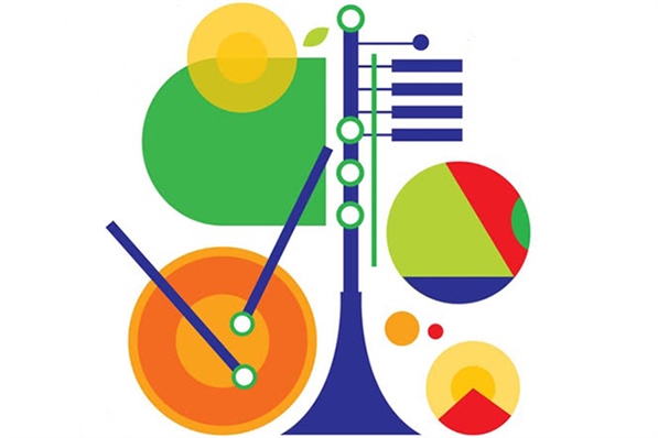 Bright geometric shapes representing a piano, trumpet, and drums