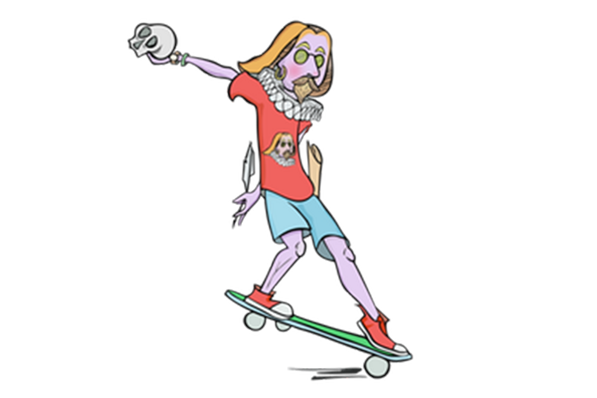 Optimist Theatre's cartoon of Shakespeare holding a skull while riding a skateboard