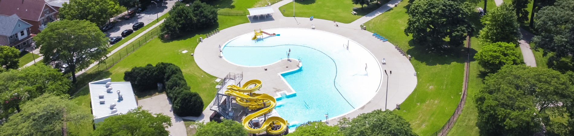 aerial view of pelican cove pool and slides