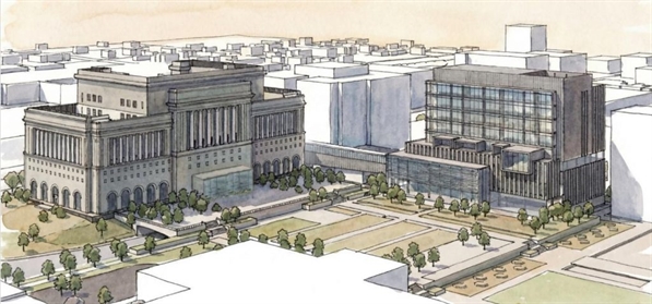 Conceptual rendering of new courthouse and historic courthouse with new entrance on MacArthur Square